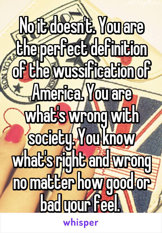 No it doesn't. You are the perfect definition of the wussification of America. You are what's wrong with society. You know what's right and wrong no matter how good or bad your feel. 