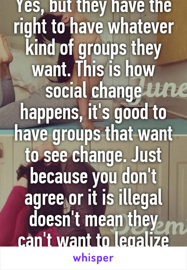 Yes, but they have the right to have whatever kind of groups they want. This is how social change happens, it's good to have groups that want to see change. Just because you don't agree or it is illegal doesn't mean they can't want to legalize it