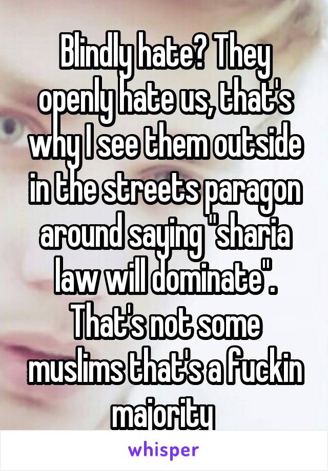 Blindly hate? They openly hate us, that's why I see them outside in the streets paragon around saying "sharia law will dominate". That's not some muslims that's a fuckin majority 