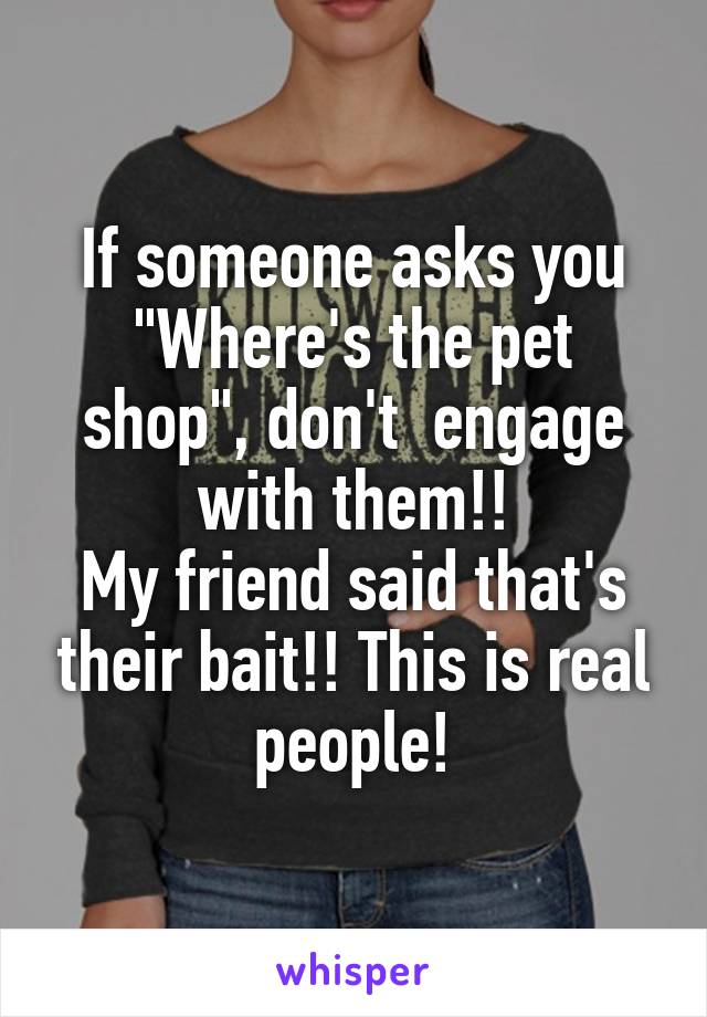 If someone asks you "Where's the pet shop", don't  engage with them!!
My friend said that's their bait!! This is real people!