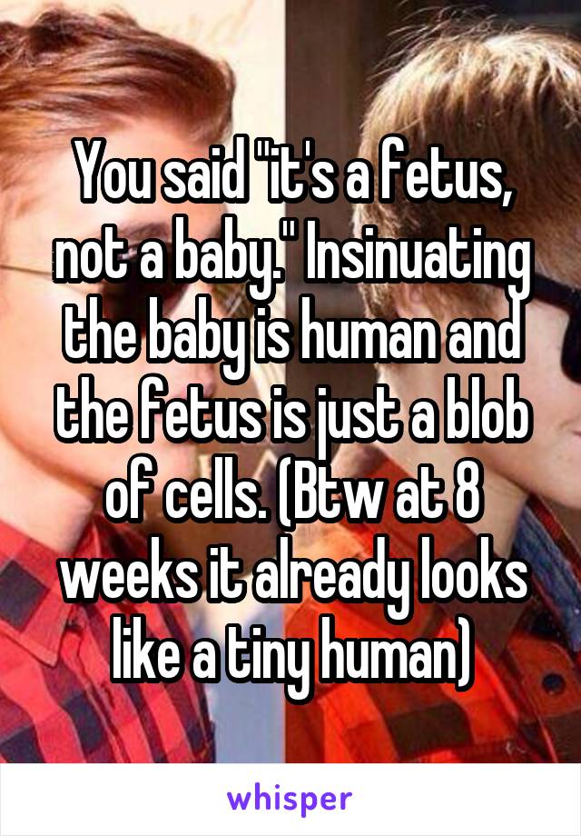 You said "it's a fetus, not a baby." Insinuating the baby is human and the fetus is just a blob of cells. (Btw at 8 weeks it already looks like a tiny human)