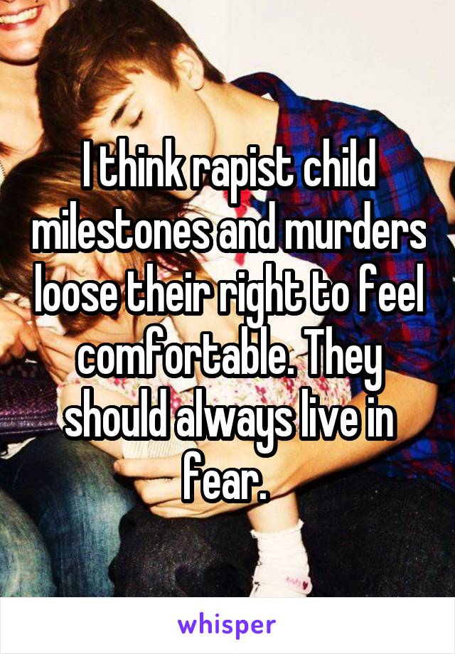 I think rapist child milestones and murders loose their right to feel comfortable. They should always live in fear. 