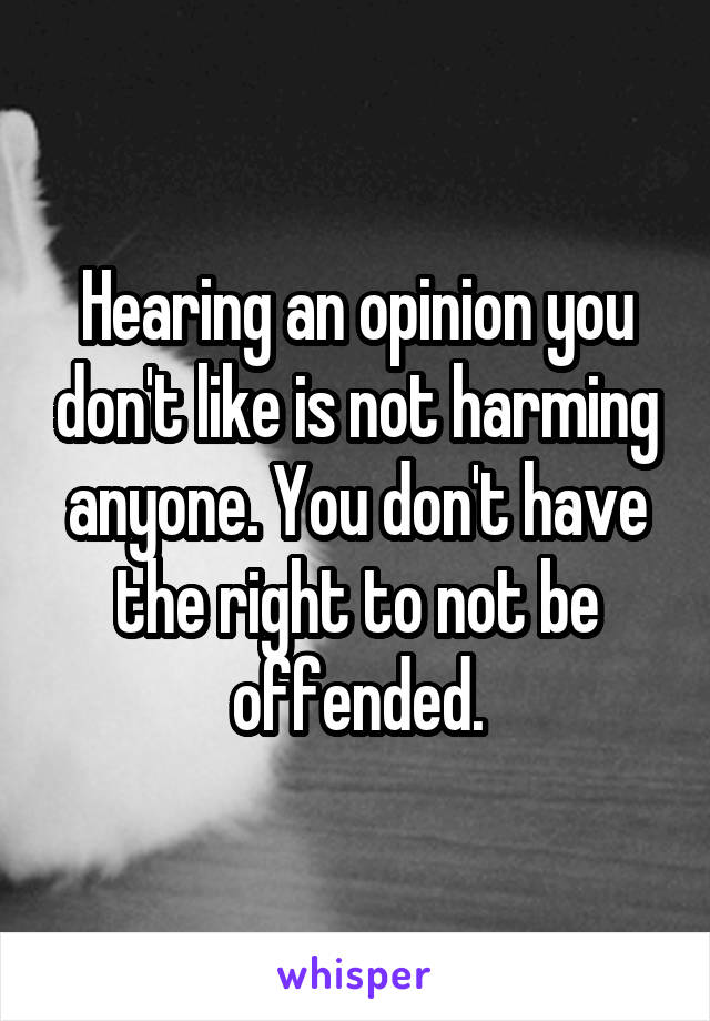 Hearing an opinion you don't like is not harming anyone. You don't have the right to not be offended.