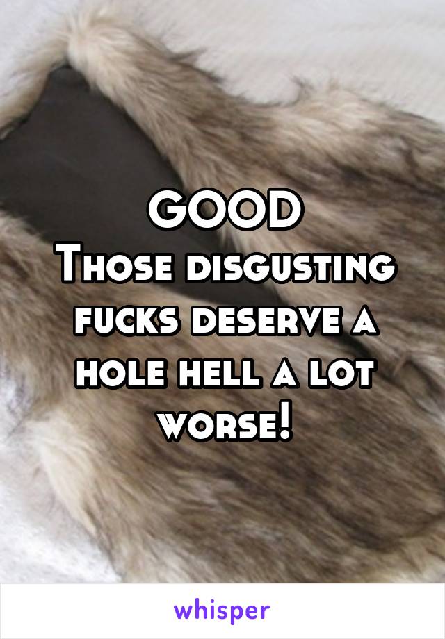 GOOD
Those disgusting fucks deserve a hole hell a lot worse!