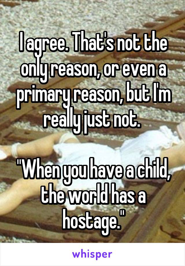 I agree. That's not the only reason, or even a primary reason, but I'm really just not. 

"When you have a child, the world has a hostage."