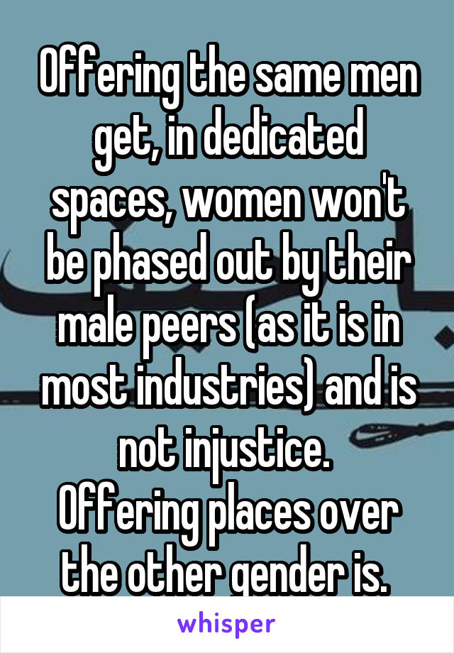 Offering the same men get, in dedicated spaces, women won't be phased out by their male peers (as it is in most industries) and is not injustice. 
Offering places over the other gender is. 