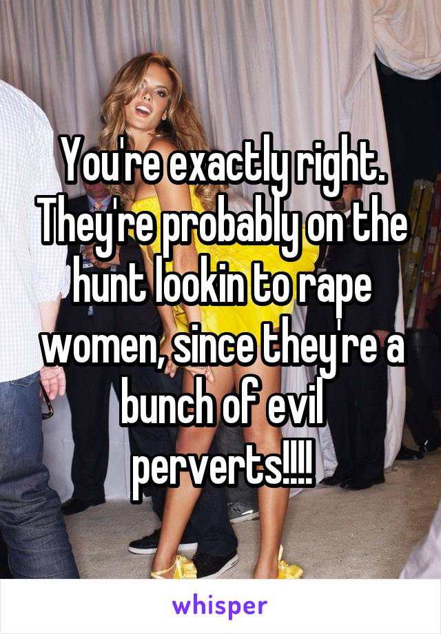 You're exactly right. They're probably on the hunt lookin to rape women, since they're a bunch of evil perverts!!!!