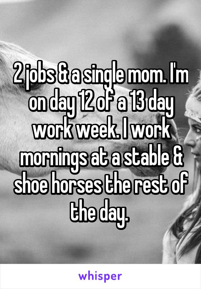 2 jobs & a single mom. I'm on day 12 of a 13 day work week. I work mornings at a stable & shoe horses the rest of the day. 