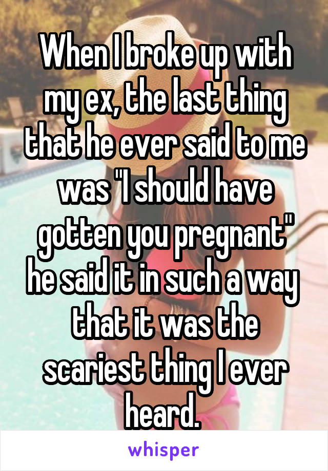 When I broke up with my ex, the last thing that he ever said to me was "I should have gotten you pregnant" he said it in such a way  that it was the scariest thing I ever heard. 