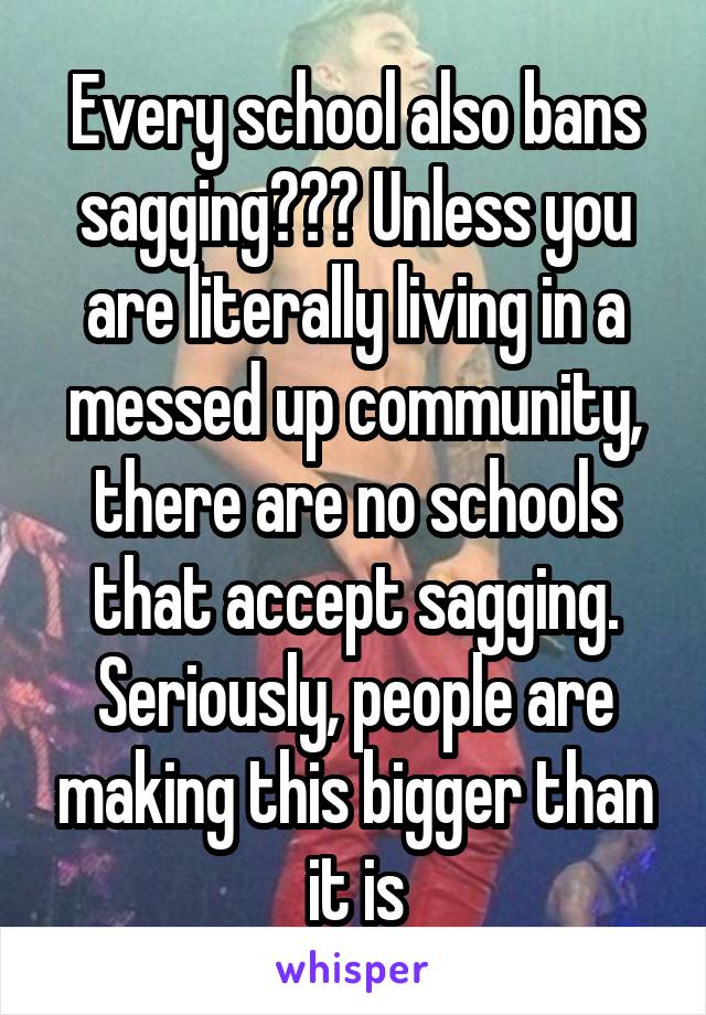 Every school also bans sagging??? Unless you are literally living in a messed up community, there are no schools that accept sagging. Seriously, people are making this bigger than it is