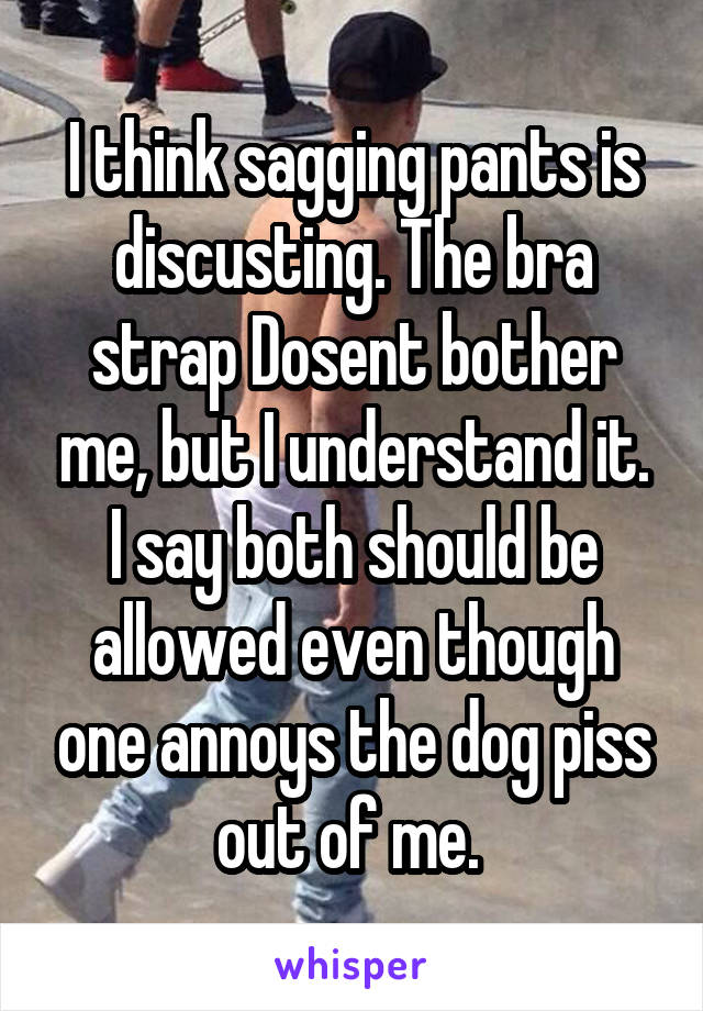 I think sagging pants is discusting. The bra strap Dosent bother me, but I understand it. I say both should be allowed even though one annoys the dog piss out of me. 