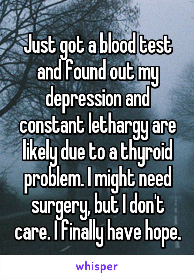Just got a blood test and found out my depression and constant lethargy are likely due to a thyroid problem. I might need surgery, but I don't care. I finally have hope.