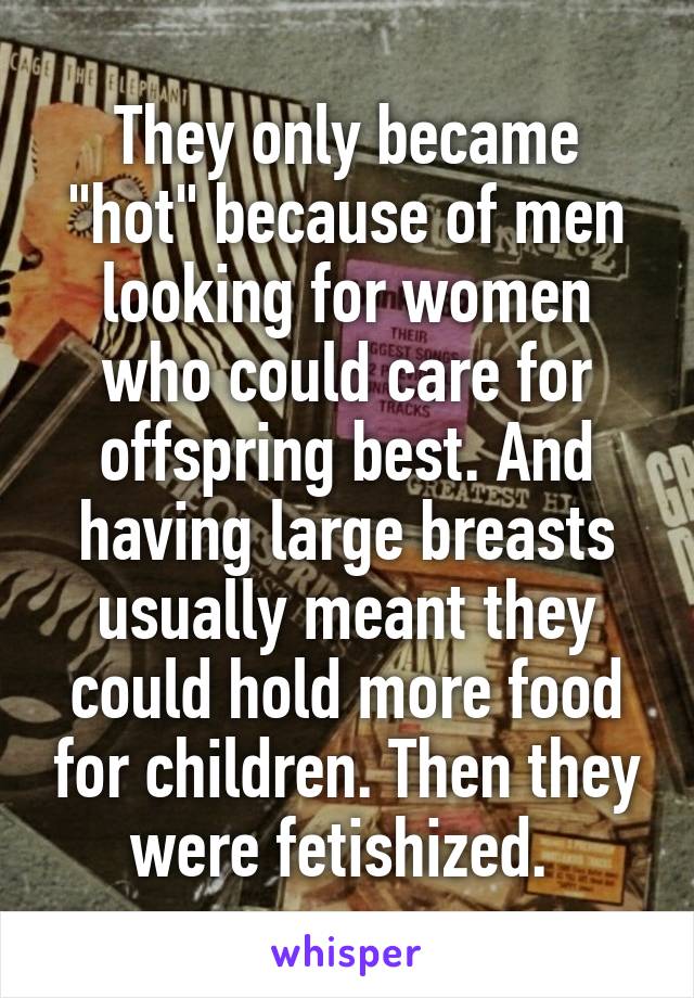 They only became "hot" because of men looking for women who could care for offspring best. And having large breasts usually meant they could hold more food for children. Then they were fetishized. 