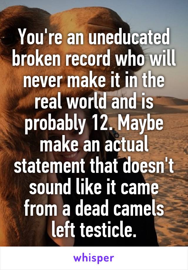 You're an uneducated broken record who will never make it in the real world and is probably 12. Maybe make an actual statement that doesn't sound like it came from a dead camels left testicle.