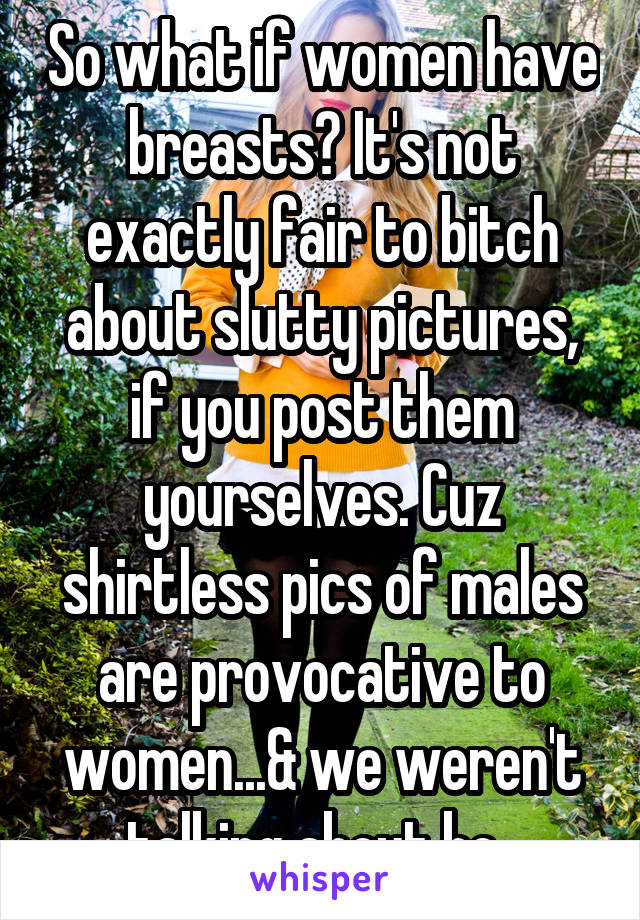 So what if women have breasts? It's not exactly fair to bitch about slutty pictures, if you post them yourselves. Cuz shirtless pics of males are provocative to women...& we weren't talking about bc..