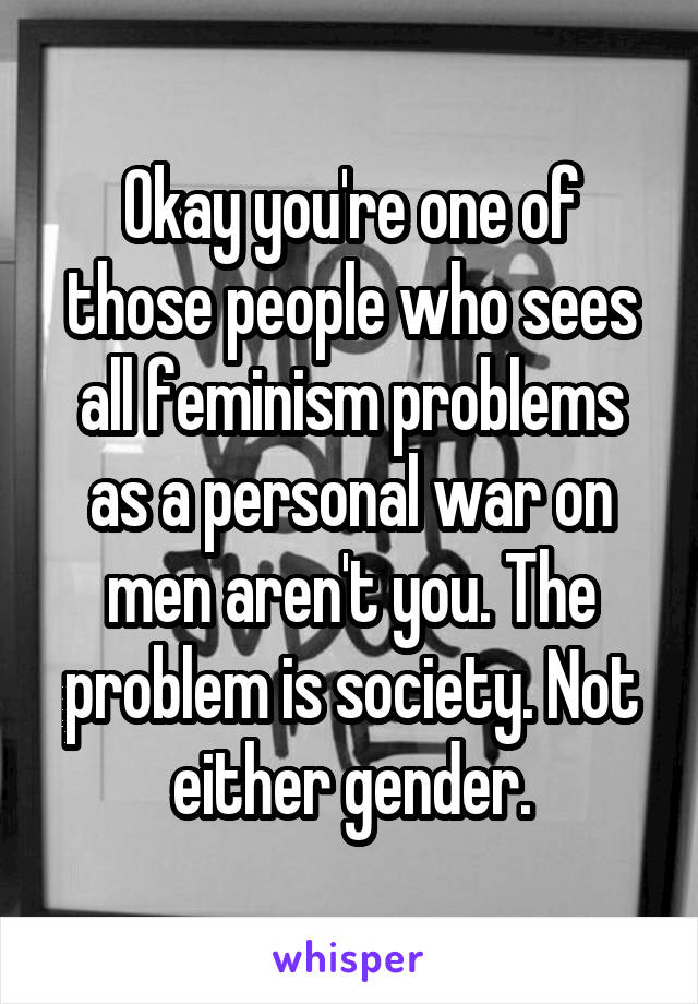 Okay you're one of those people who sees all feminism problems as a personal war on men aren't you. The problem is society. Not either gender.