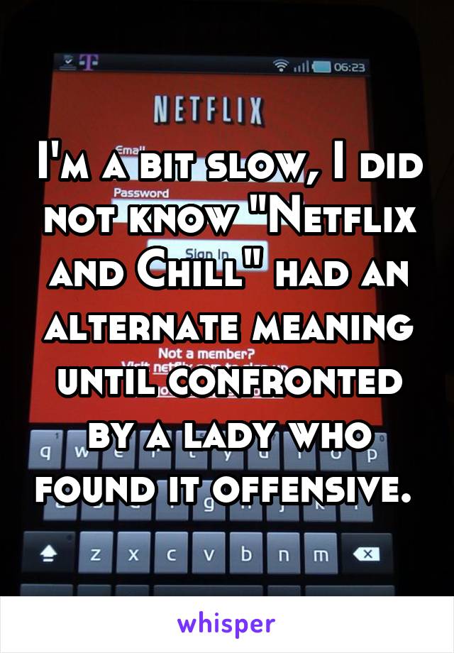 I'm a bit slow, I did not know "Netflix and Chill" had an alternate meaning until confronted by a lady who found it offensive. 