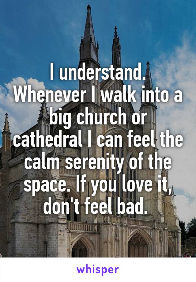 I understand. Whenever I walk into a big church or cathedral I can feel the calm serenity of the space. If you love it, don't feel bad. 