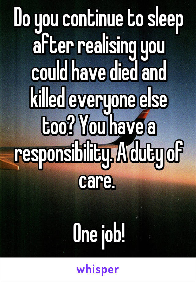 Do you continue to sleep after realising you could have died and killed everyone else too? You have a responsibility. A duty of care. 

One job!
