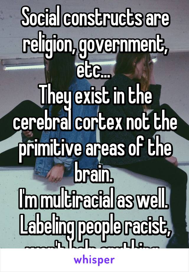 Social constructs are religion, government, etc... 
They exist in the cerebral cortex not the primitive areas of the brain. 
I'm multiracial as well. 
Labeling people racist, won't help anything. 