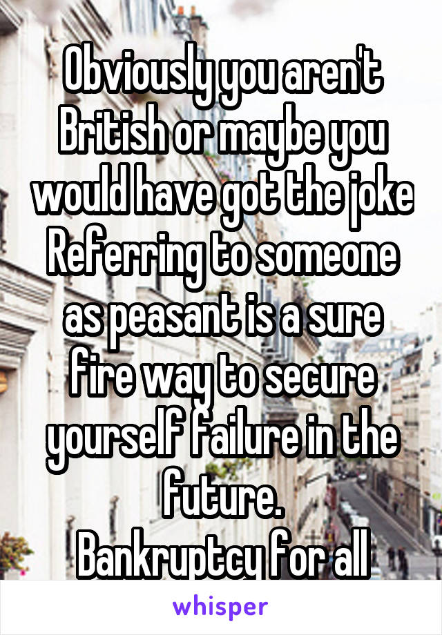 Obviously you aren't British or maybe you would have got the joke
Referring to someone as peasant is a sure fire way to secure yourself failure in the future.
Bankruptcy for all