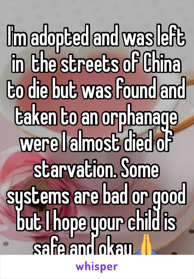 I'm adopted and was left in  the streets of China to die but was found and taken to an orphanage were I almost died of starvation. Some systems are bad or good but I hope your child is safe and okay🙏