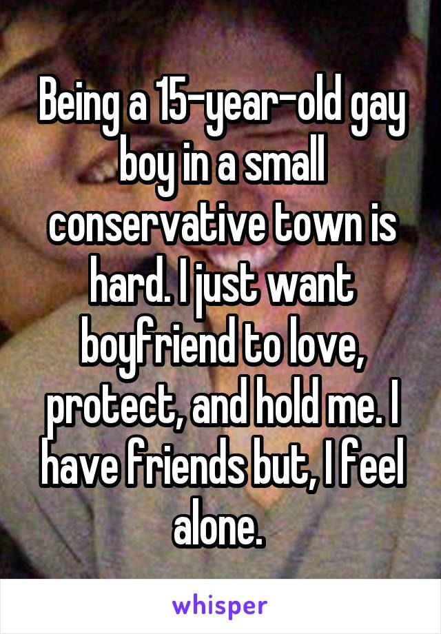 Being a 15-year-old gay boy in a small conservative town is hard. I just want boyfriend to love, protect, and hold me. I have friends but, I feel alone. 