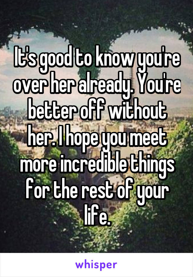 It's good to know you're over her already. You're better off without her. I hope you meet more incredible things for the rest of your life.