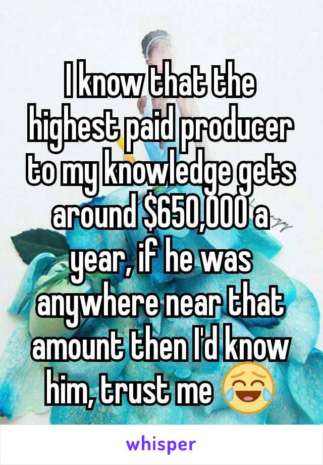 I know that the highest paid producer to my knowledge gets around $650,000 a year, if he was anywhere near that amount then I'd know him, trust me 😂