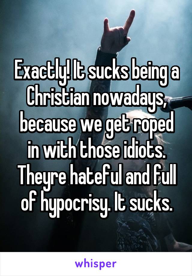 Exactly! It sucks being a Christian nowadays, because we get roped in with those idiots. Theyre hateful and full of hypocrisy. It sucks.