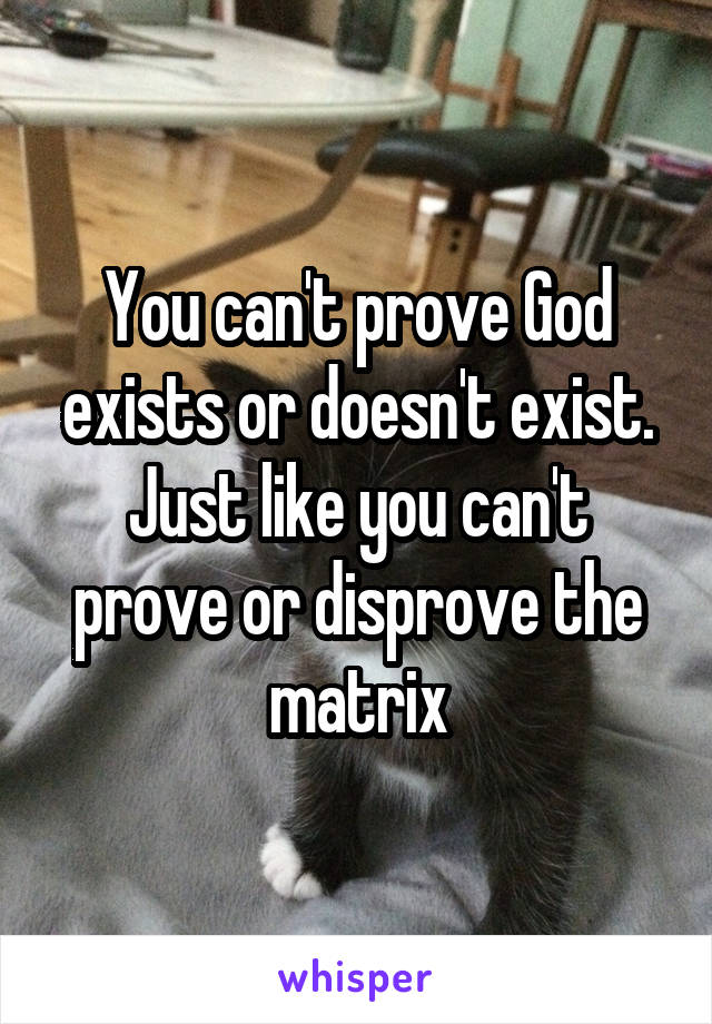 You can't prove God exists or doesn't exist. Just like you can't prove or disprove the matrix