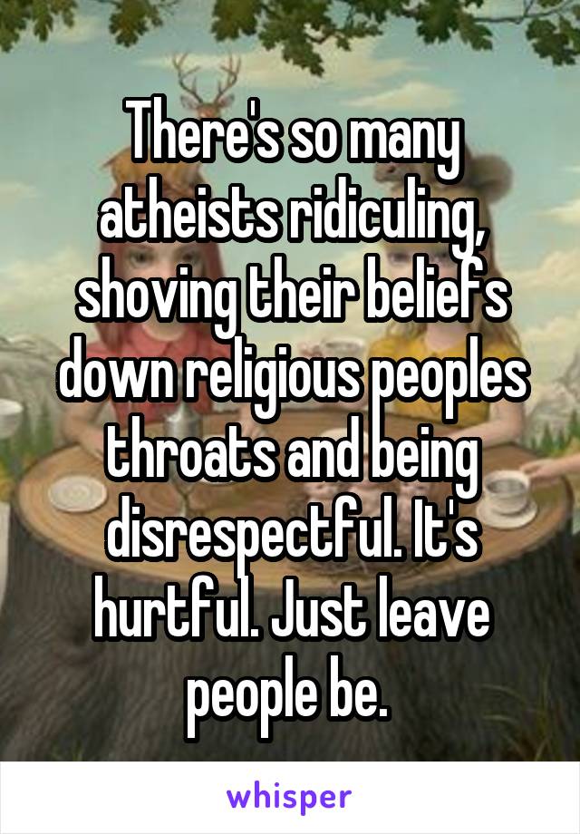 There's so many atheists ridiculing, shoving their beliefs down religious peoples throats and being disrespectful. It's hurtful. Just leave people be. 