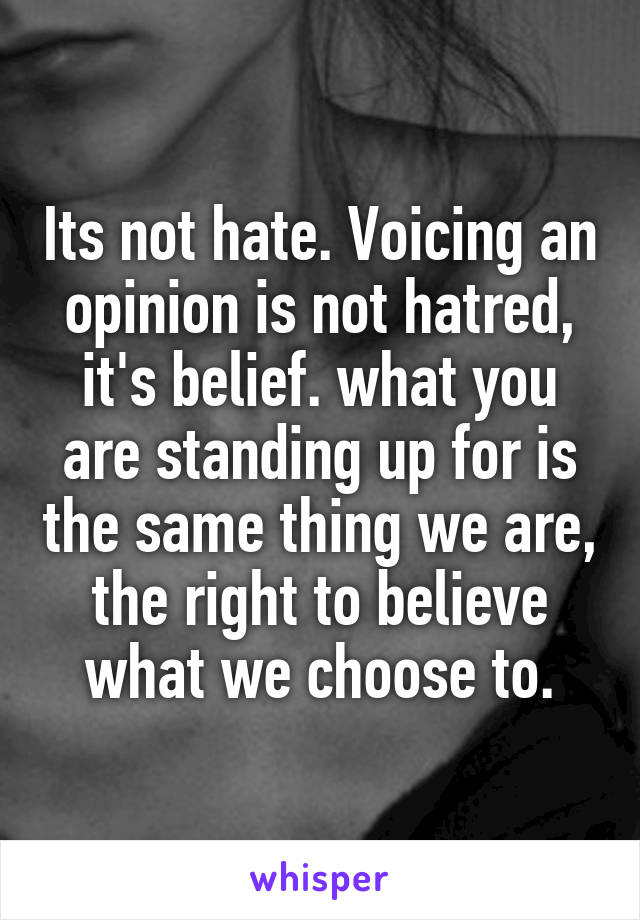 Its not hate. Voicing an opinion is not hatred, it's belief. what you are standing up for is the same thing we are, the right to believe what we choose to.