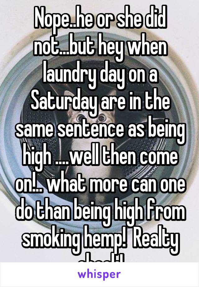 Nope..he or she did not...but hey when laundry day on a Saturday are in the same sentence as being high ....well then come on!.. what more can one do than being high from smoking hemp!  Realty check!