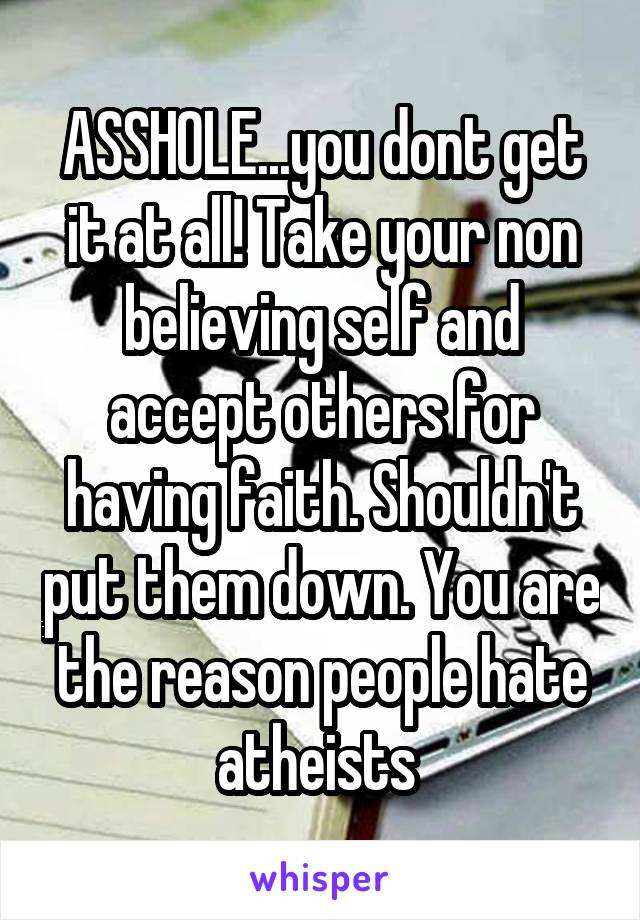 ASSHOLE...you dont get it at all! Take your non believing self and accept others for having faith. Shouldn't put them down. You are the reason people hate atheists 