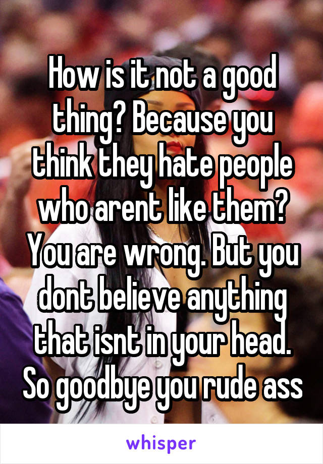 How is it not a good thing? Because you think they hate people who arent like them? You are wrong. But you dont believe anything that isnt in your head. So goodbye you rude ass