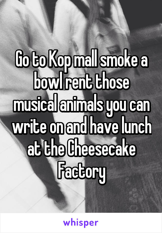 Go to Kop mall smoke a bowl rent those musical animals you can write on and have lunch at the Cheesecake Factory