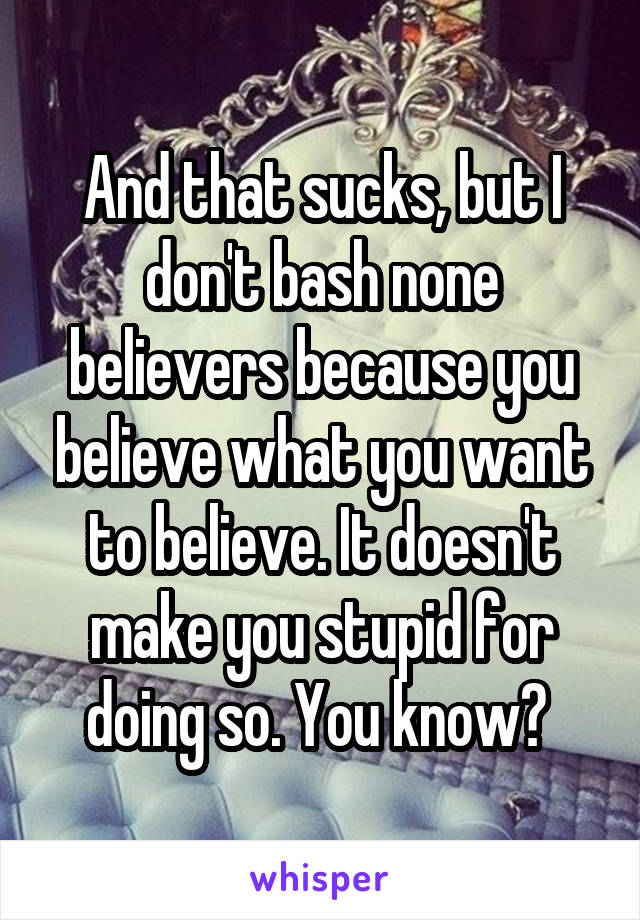 And that sucks, but I don't bash none believers because you believe what you want to believe. It doesn't make you stupid for doing so. You know? 