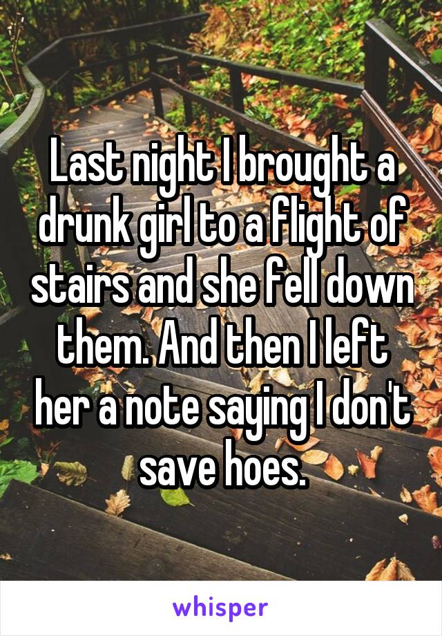 Last night I brought a drunk girl to a flight of stairs and she fell down them. And then I left her a note saying I don't save hoes.
