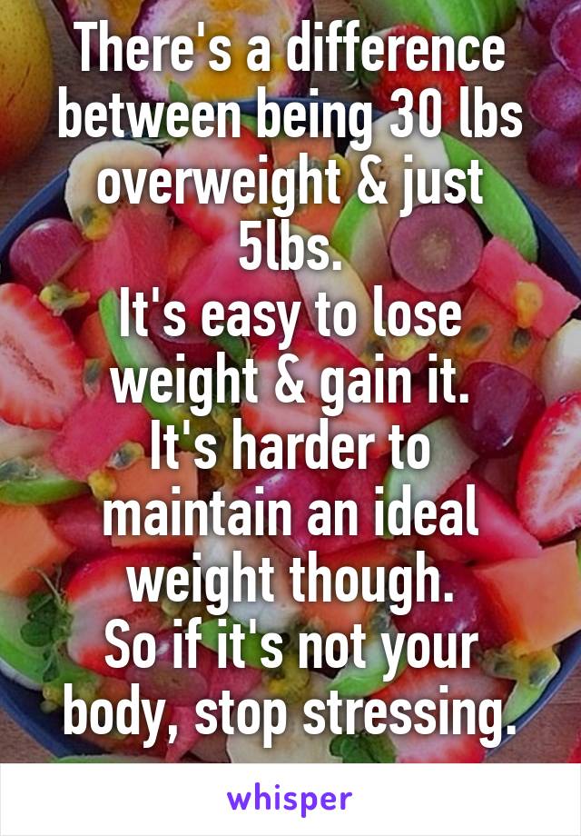 There's a difference between being 30 lbs overweight & just 5lbs.
It's easy to lose weight & gain it.
It's harder to maintain an ideal weight though.
So if it's not your body, stop stressing.
