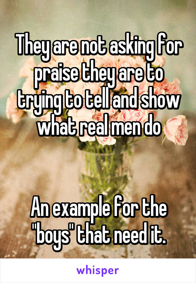 They are not asking for praise they are to trying to tell and show what real men do


An example for the "boys" that need it.