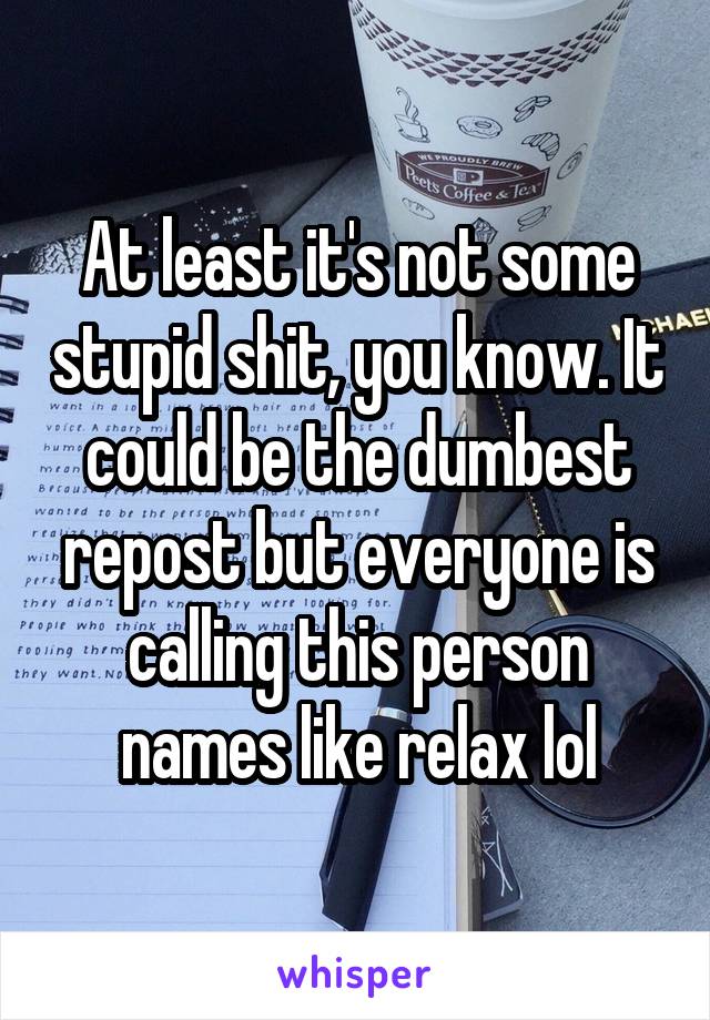 At least it's not some stupid shit, you know. It could be the dumbest repost but everyone is calling this person names like relax lol