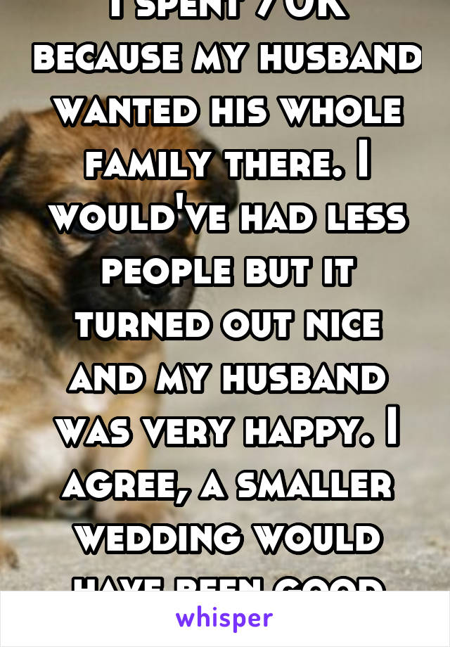 I spent 70K because my husband wanted his whole family there. I would've had less people but it turned out nice and my husband was very happy. I agree, a smaller wedding would have been good enough. 