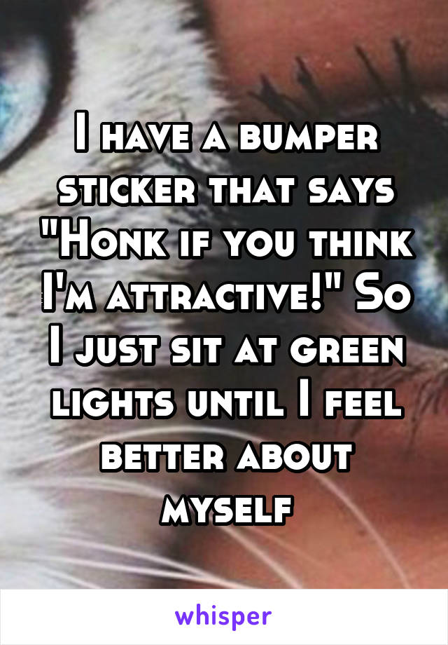 I have a bumper sticker that says "Honk if you think I'm attractive!" So I just sit at green lights until I feel better about myself