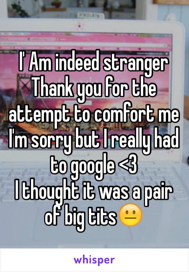 I' Am indeed stranger 
Thank you for the attempt to comfort me 
I'm sorry but I really had to google <3
I thought it was a pair of big tits😐  