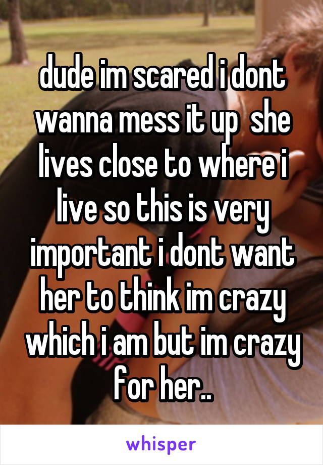 dude im scared i dont wanna mess it up  she lives close to where i live so this is very important i dont want her to think im crazy which i am but im crazy for her..