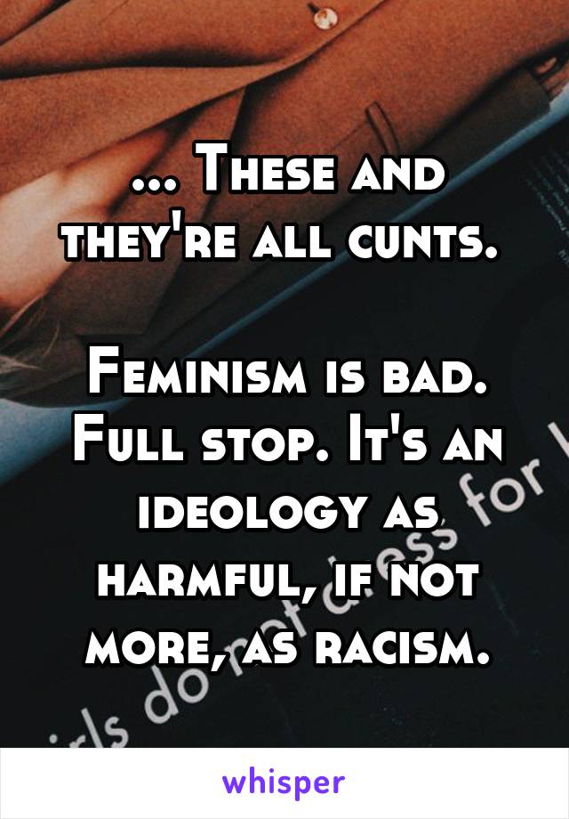 ... These and they're all cunts. 

Feminism is bad. Full stop. It's an ideology as harmful, if not more, as racism.