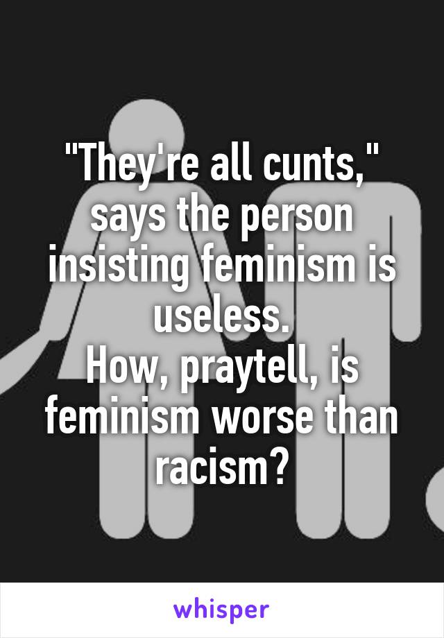 "They're all cunts," says the person insisting feminism is useless.
How, praytell, is feminism worse than racism?