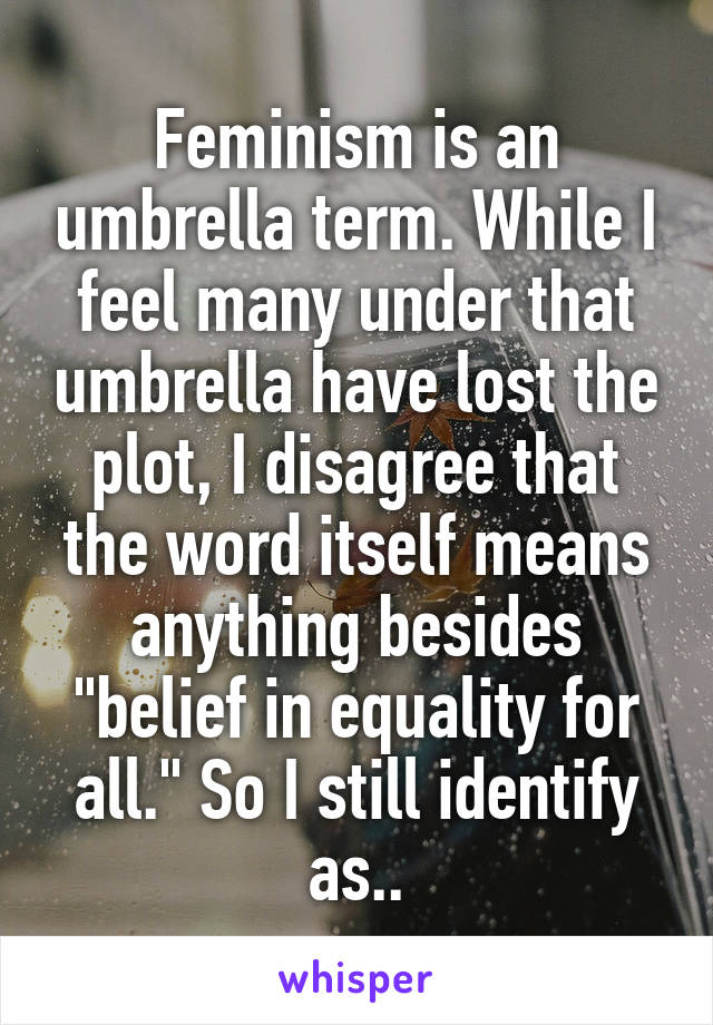 Feminism is an umbrella term. While I feel many under that umbrella have lost the plot, I disagree that the word itself means anything besides "belief in equality for all." So I still identify as..