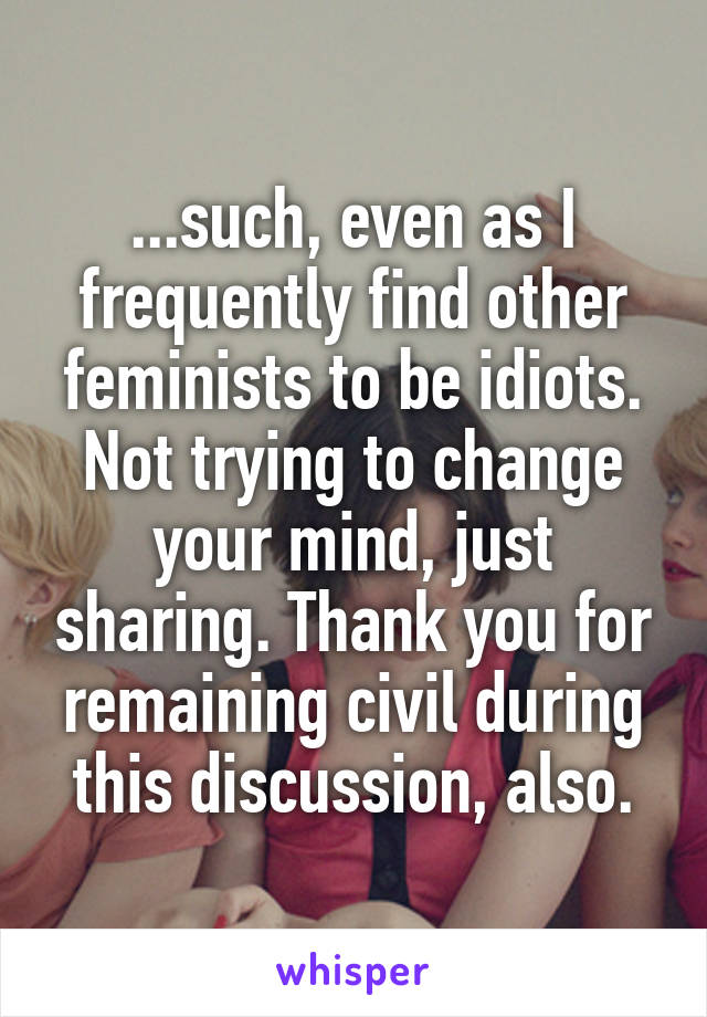 ...such, even as I frequently find other feminists to be idiots. Not trying to change your mind, just sharing. Thank you for remaining civil during this discussion, also.